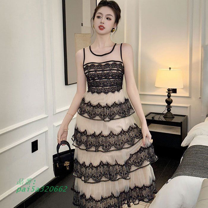 部分レース刺繍 シースルー生地 ノースリーブロングワンピース ベージュ×黒 キャバ スナック ドレス パーティー 韓国 ラウンジ pai5a320662