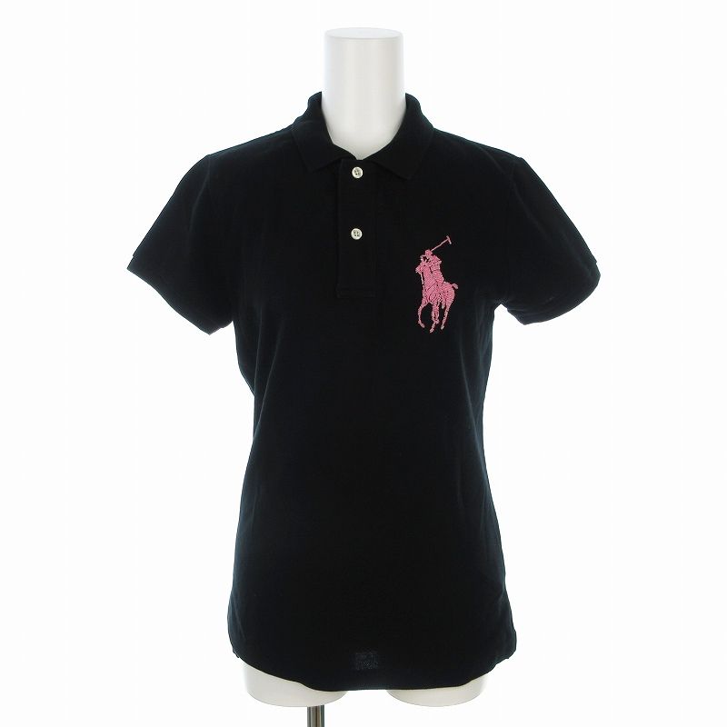 ラルフローレン RALPH LAUREN ポロシャツ ビーズ ロゴデザイン 半袖 M 黒 ブラック ピンク /US