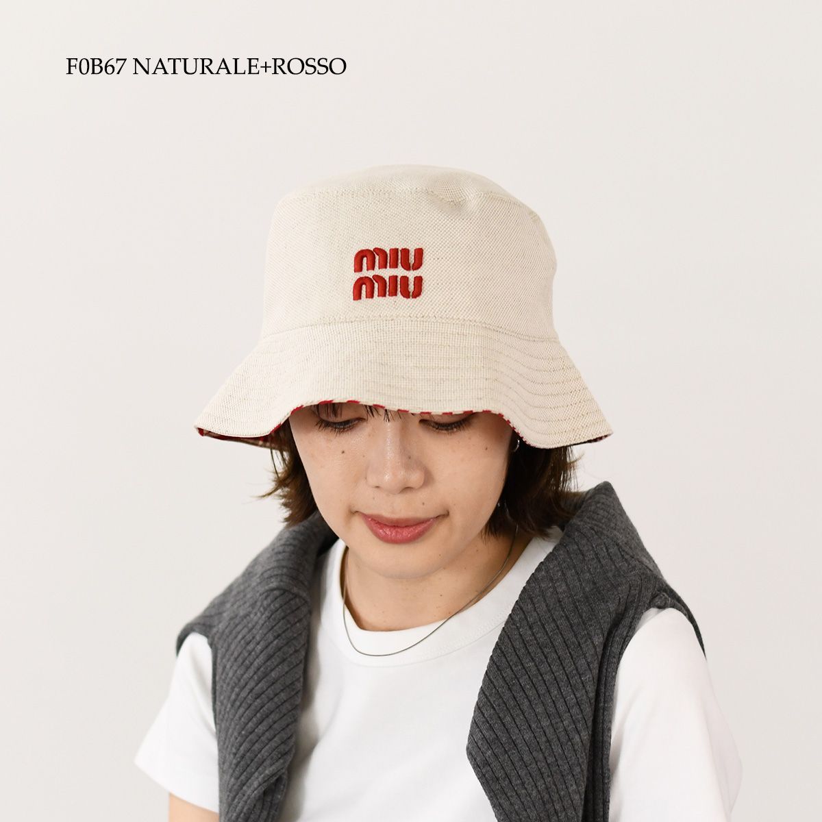 MIU MIU ミュウミュウ 帽子 ストライプリネンブレンド バケット