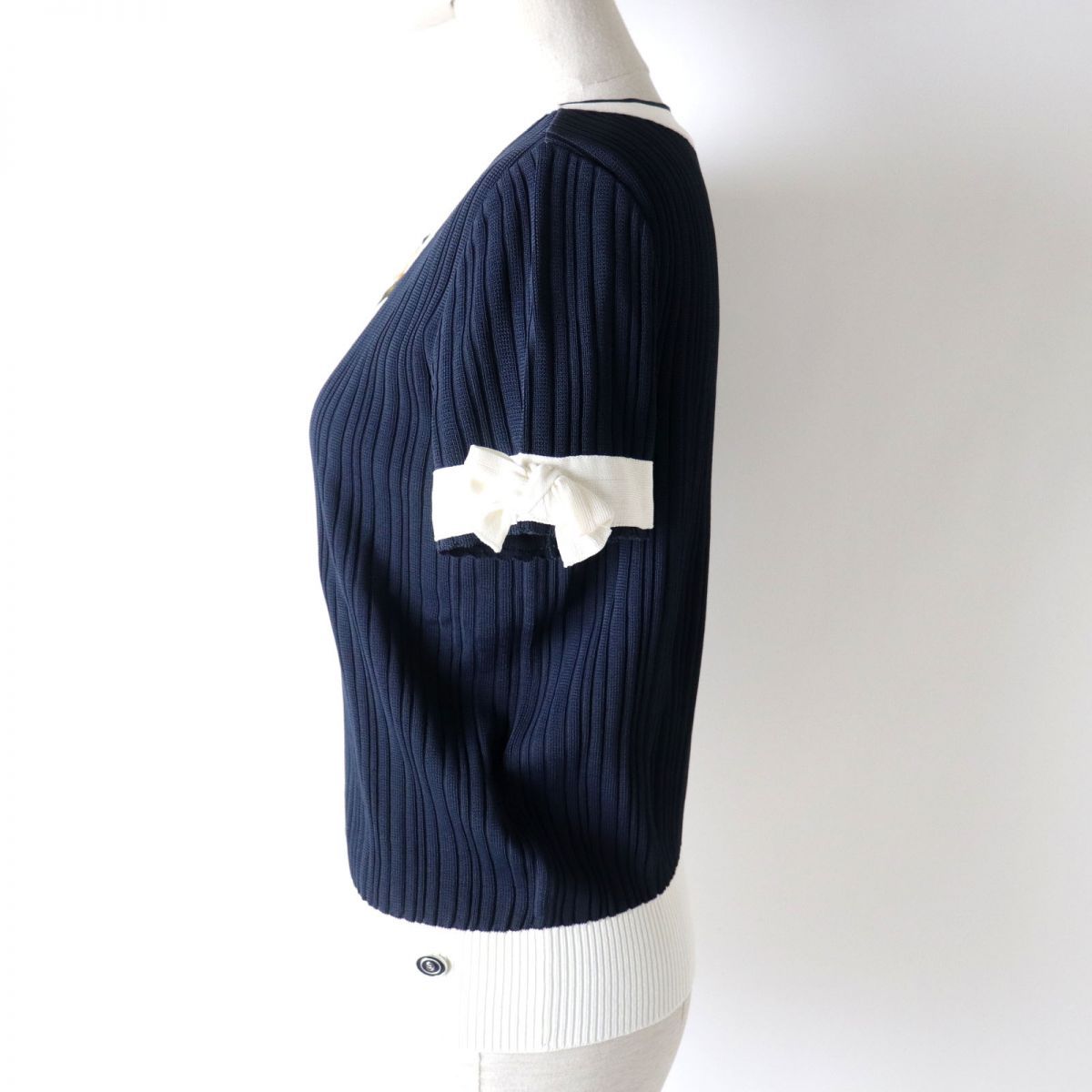 CHANEL ネイビー リボン付き半袖ニット