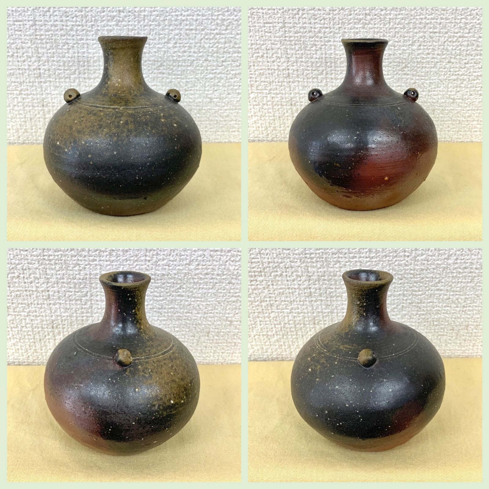 美品⭐️備前焼 花入】 ☆木村素静 作☆ とっくり型 色：黒茶 素材