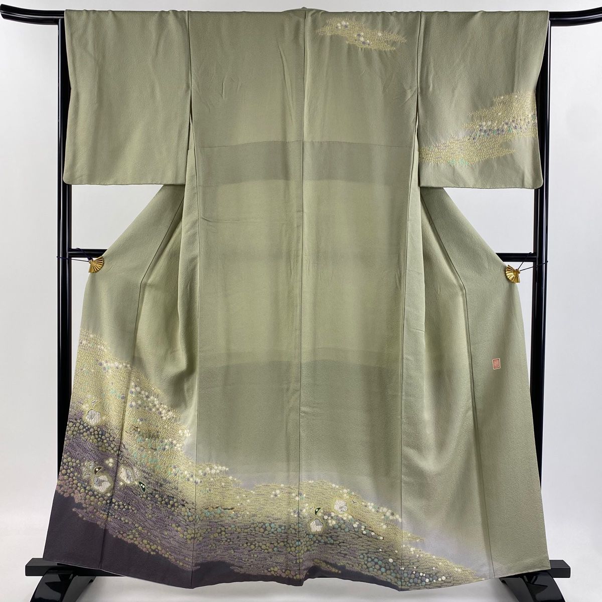訪問着 美品 逸品 落款 滝泰 草花 波 金通し 絞り 灰紫 袷
