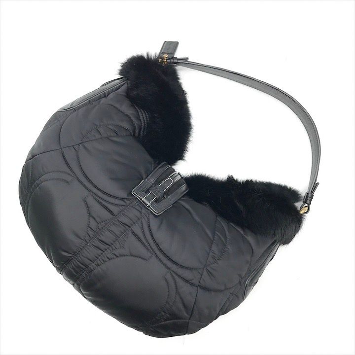 美品 COACH コーチ ファー ショルダー バッグ ブラック ナイロン  