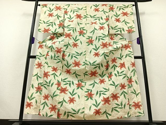 平和屋着物 上質な紬 単衣 草花文 正絹 AABB5221jh