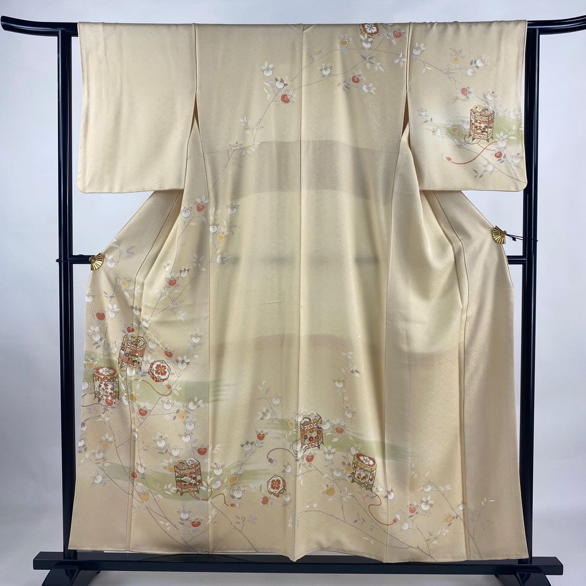 訪問着 身丈156cm 裄丈62cm S 袷 貝桶 橘 金糸 金彩 ベージュ 正絹 名品