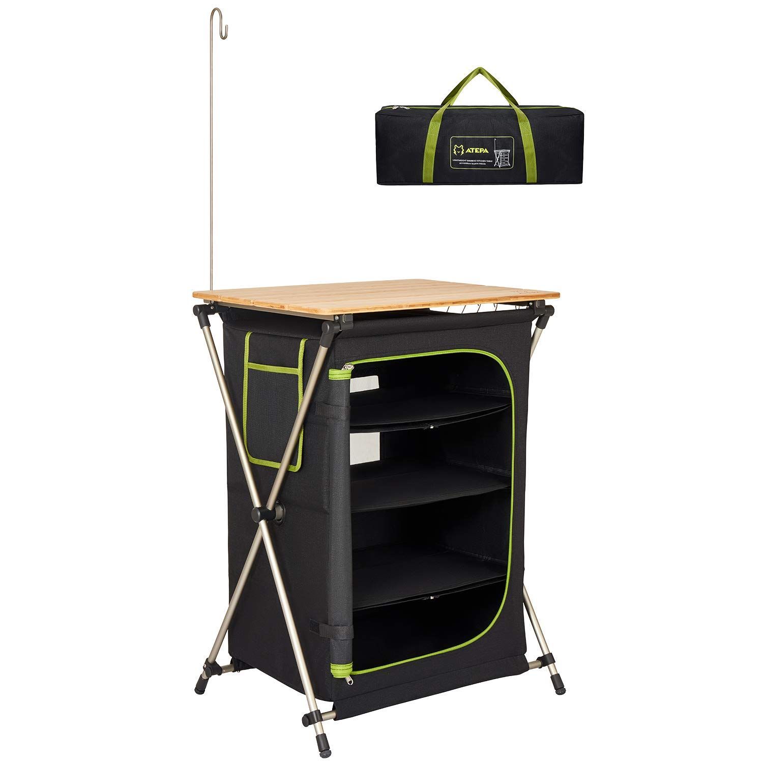 新商品 折りたたみ バンブーキッチンテーブル アウトドア キャンプテーブル 天板 3段収納ラック付き 調理台 アルミ製 ATEPA 耐荷重30kg 収納棚付き BBQ ピクニック対応