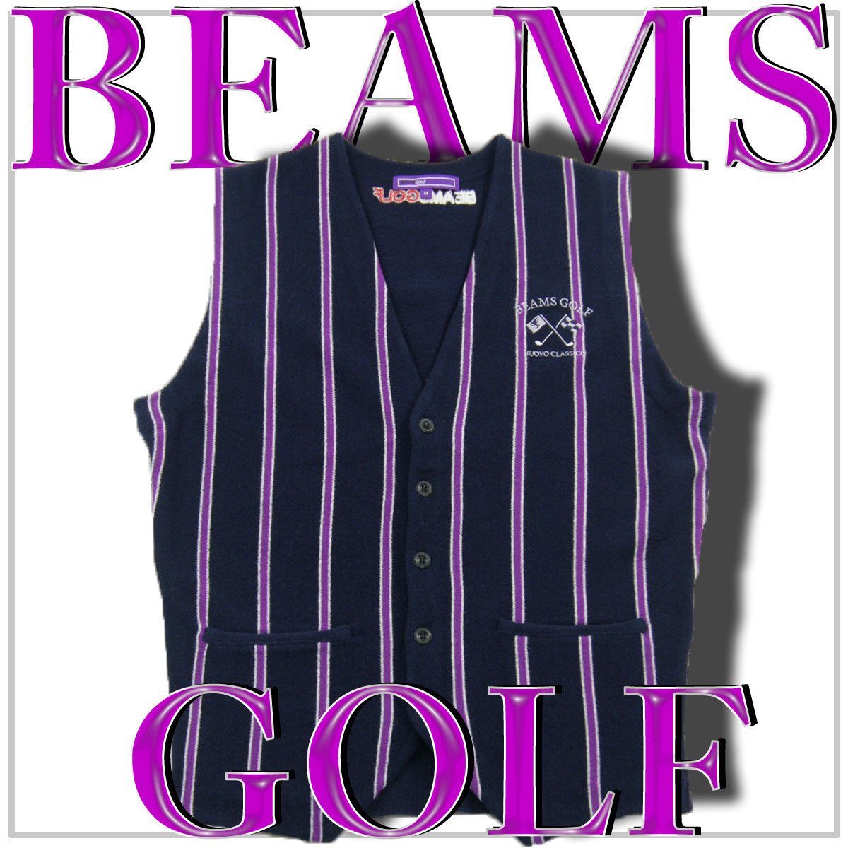 サイズ：L BEAMS GOLF ビームスゴルフ パープルレーベル ボタン ニットベスト 切替ストライプ柄 ネイビー系 [240101458371] ゴルフウェア メンズ ストスト BEAMS GOLF（ビームス ゴルフ）〈WOMEN〉PURPLE LABEL