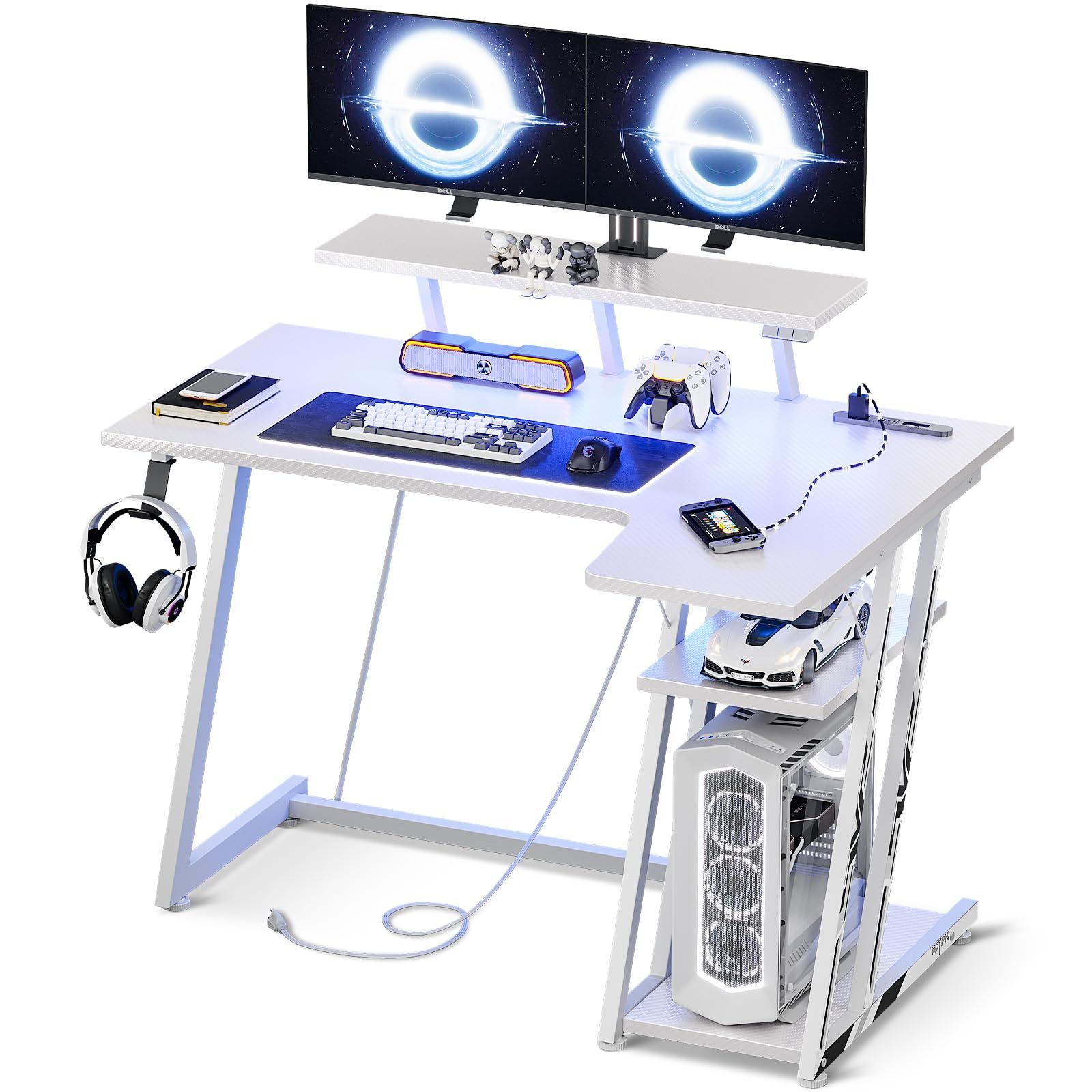 PCデスク L字デスク 炭素繊維天板 モニター台付き LEDライト付き ゲーミングテーブル フック付き コンセント付き ゲーミングデスク パソコンデスク ゲーミング机 MOTPK 幅100cm 奥行50cm 高さ75cm ホワイト
