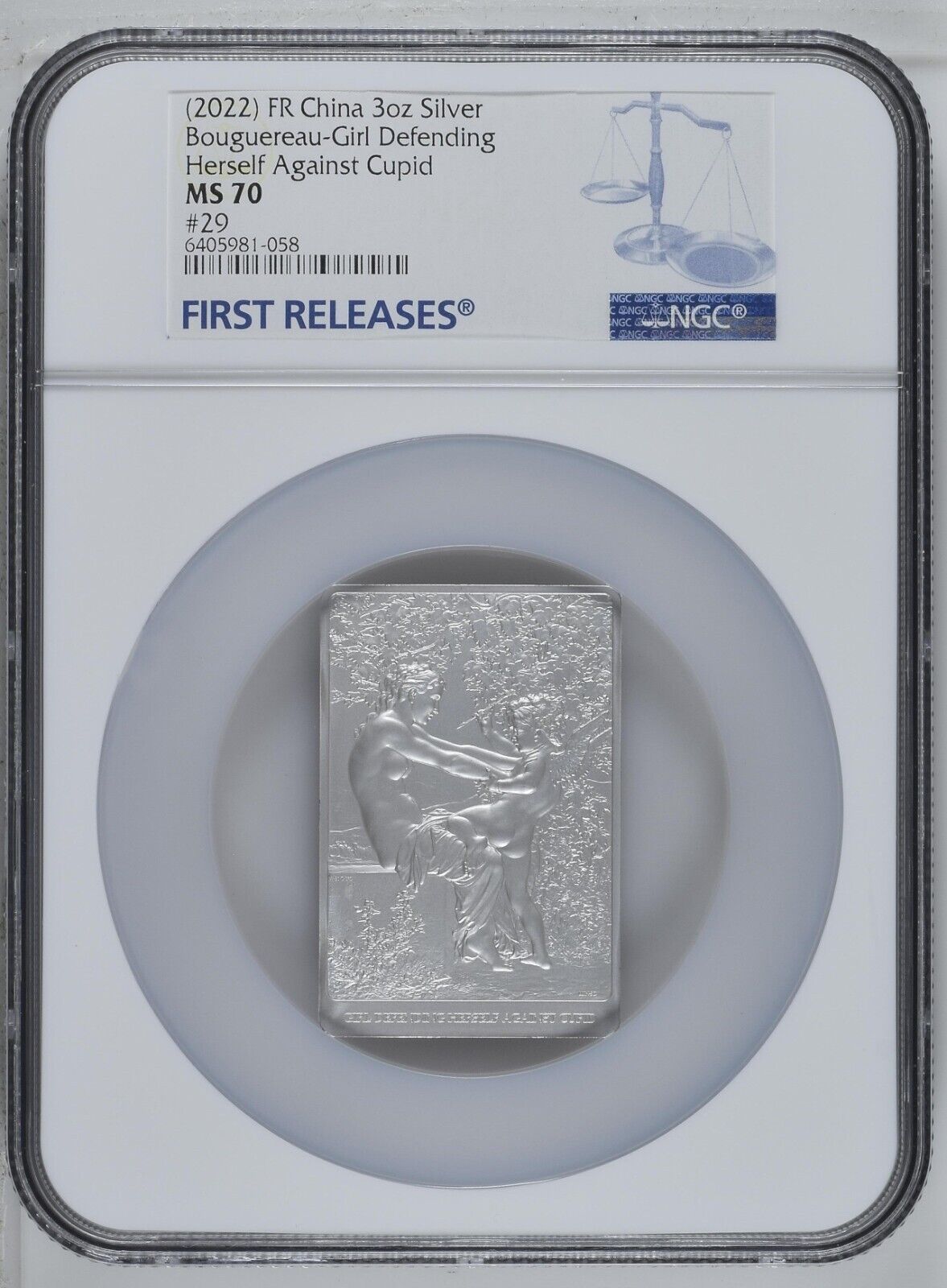 NGC MS70 Bouguereau-Girl Defending Herself Against Cupid 3oz Silver Medal