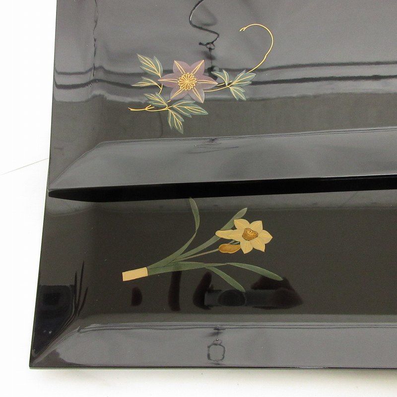 人気 卓上膳 輪島塗 草花絵替蒔絵 五枚組 共箱 来客用 黒 ブラック □SG