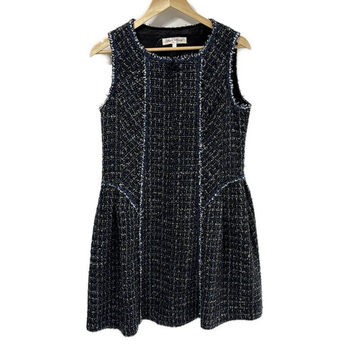 スーパービューティー ワンピース サイズ42 L レディース - 黒×ネイビー×白 クルーネック ノースリーブ ひざ丈 ツイード