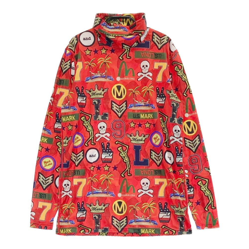 サイズ：ML MARK&LONA マークアンドロナ  タートルネック 長袖Tシャツ 総柄 レッド系 [240101473953] ゴルフウェア メンズ ストスト サイズ：ML MARK&LONA マークアンドロナ タートルネック 長袖T