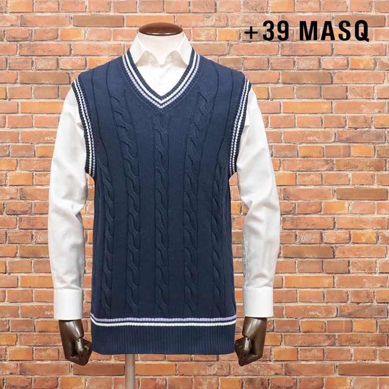 23SS/MASQ/50サイズ/サマーニット ベスト ふっくら綿 チルデン ケーブル編み イタリア製 レトロ お洒落 新品/紺/ネイビー/it180/