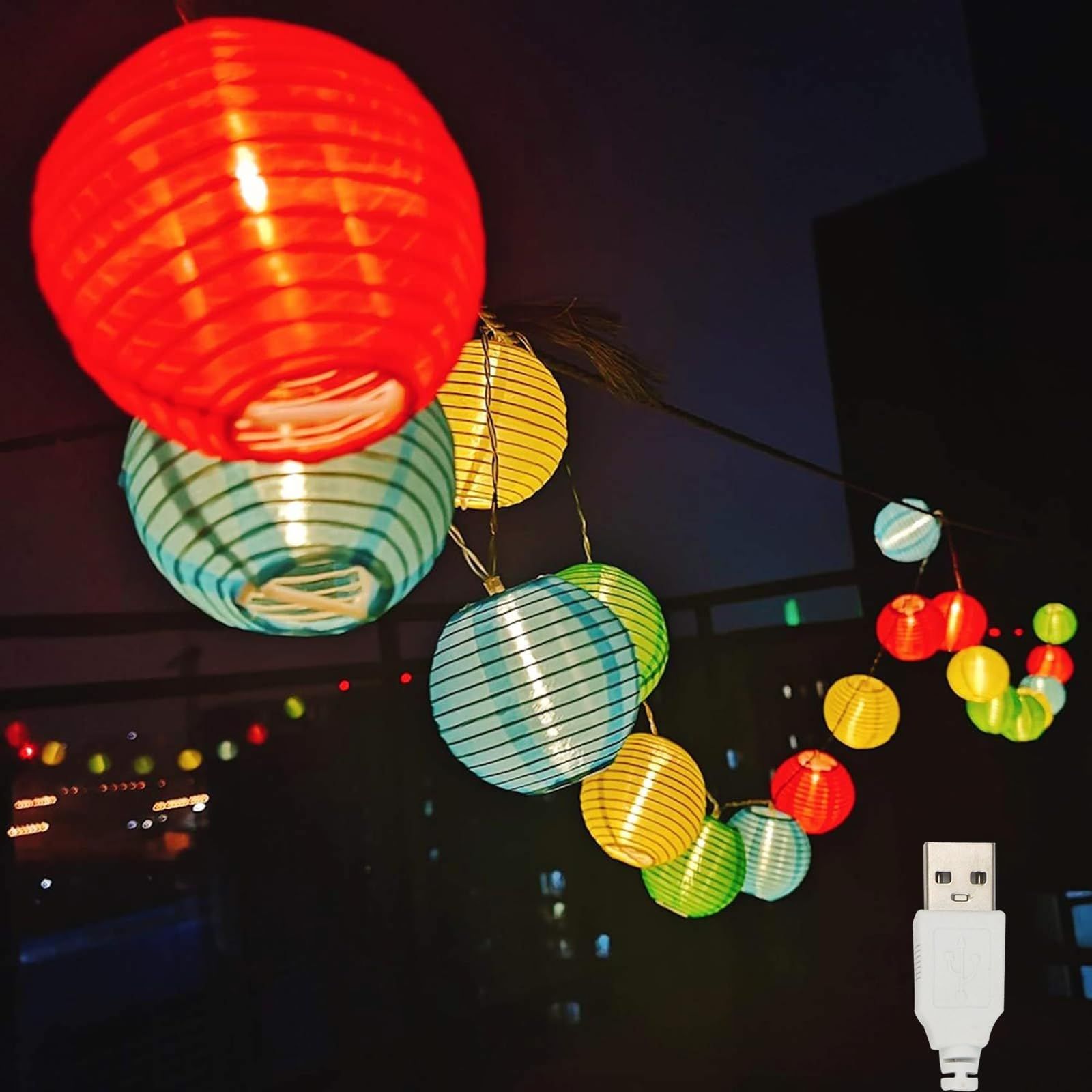 【数量限定】DARENYI (カラフル お祭り/キャンプ/庭/ベランダ/屋台にイベント用 夏祭り 屋内屋外/お盆飾り ledストリングライト 防水 USB充電式 丸型) led 提灯 ちょうちん 40球 6Ｍ 提灯ライトカラ