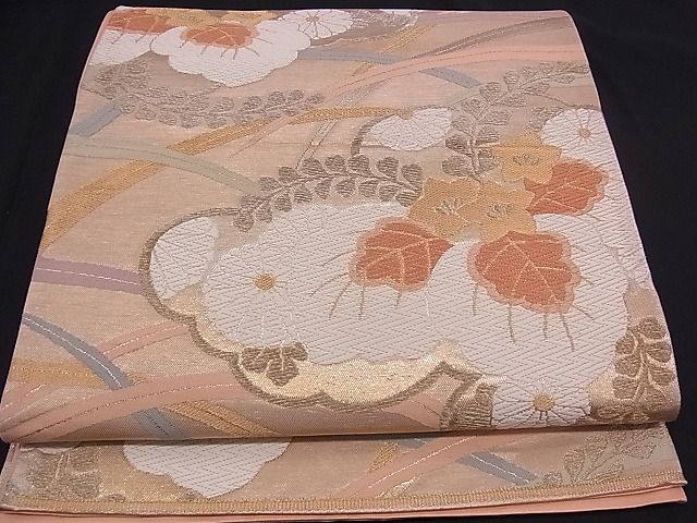 かおり 出品 2点 5k2814 名古屋帯 絹 唐織 蝶 紺 青 金色 赤 白 柄物 和装 着物