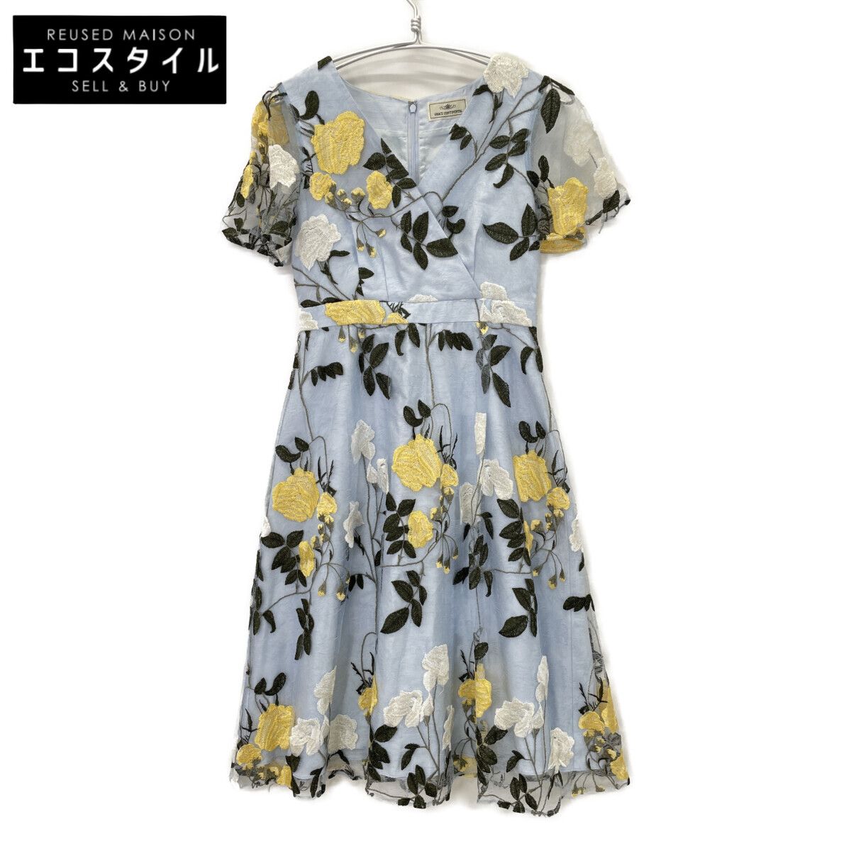 GRACE CONTINENTAL グレースコンチネンタル 1823 5054-0 ﾗｲﾄﾌﾞﾙｰ 花柄 刺繍 ﾚｰｽﾜﾝﾋﾟｰｽ 34