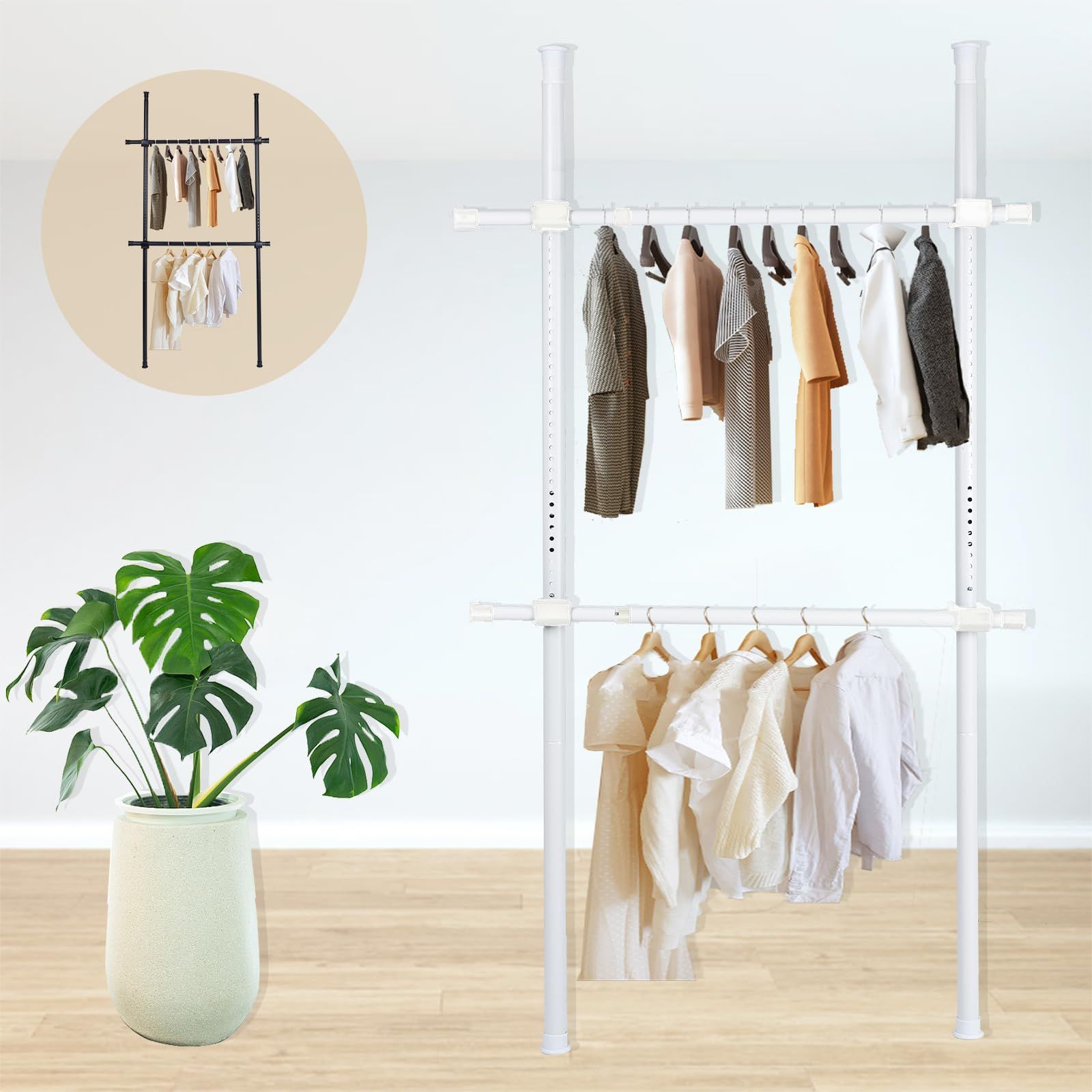 ハンガーラック DEWEL 突っ張り ポールハンガー 幅約110-310cm 高さ約75-120cm ダブル 耐荷重100kg 伸縮 かんたん設置 衣類ラック スリム 説明書付き ホワイト WH