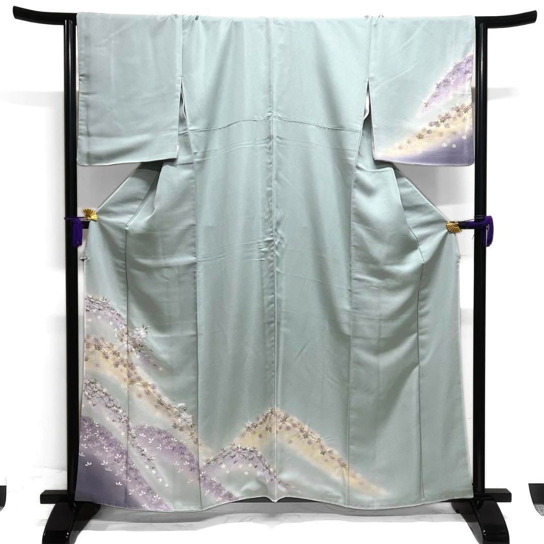 訪問着 辻ヶ花 菊 桔梗 萩 銀通し 絞り グリーン 着物 032a d 訪問着 辻ヶ花 菊 桔梗 萩 銀通し 絞り グリーン 着物 032a d