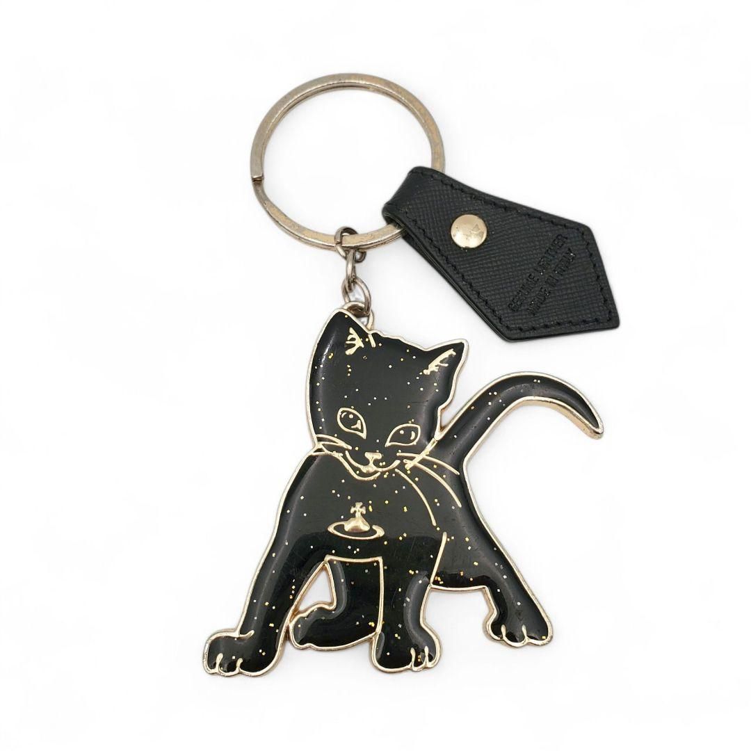 廃盤 Vivienne Westwood ヴィヴィアンウエストウッド キーホルダー キーリング バッグチャーム キトゥン 黒猫 レザー 本革 ラメ イタリア製