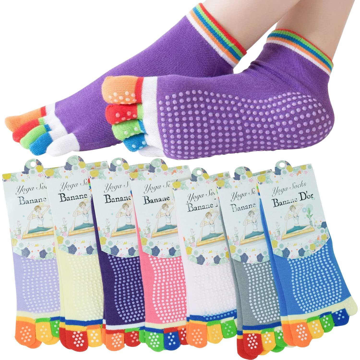 人気商品 7色セット レディース ティラピス 滑り止め 5本指 ソックス ヨガソックス D or 靴下 Banane