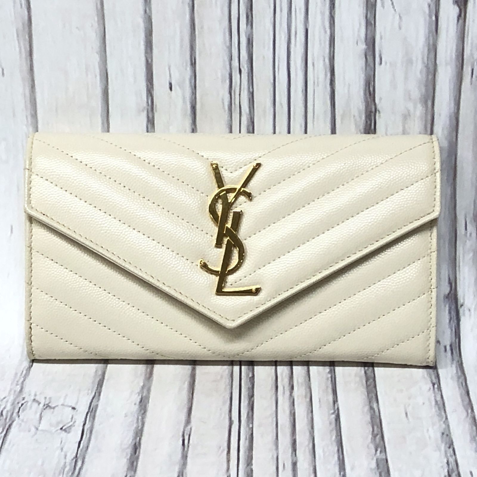 サンローラン レザー YSLライン ラージ フラップウォレット 長財布 美