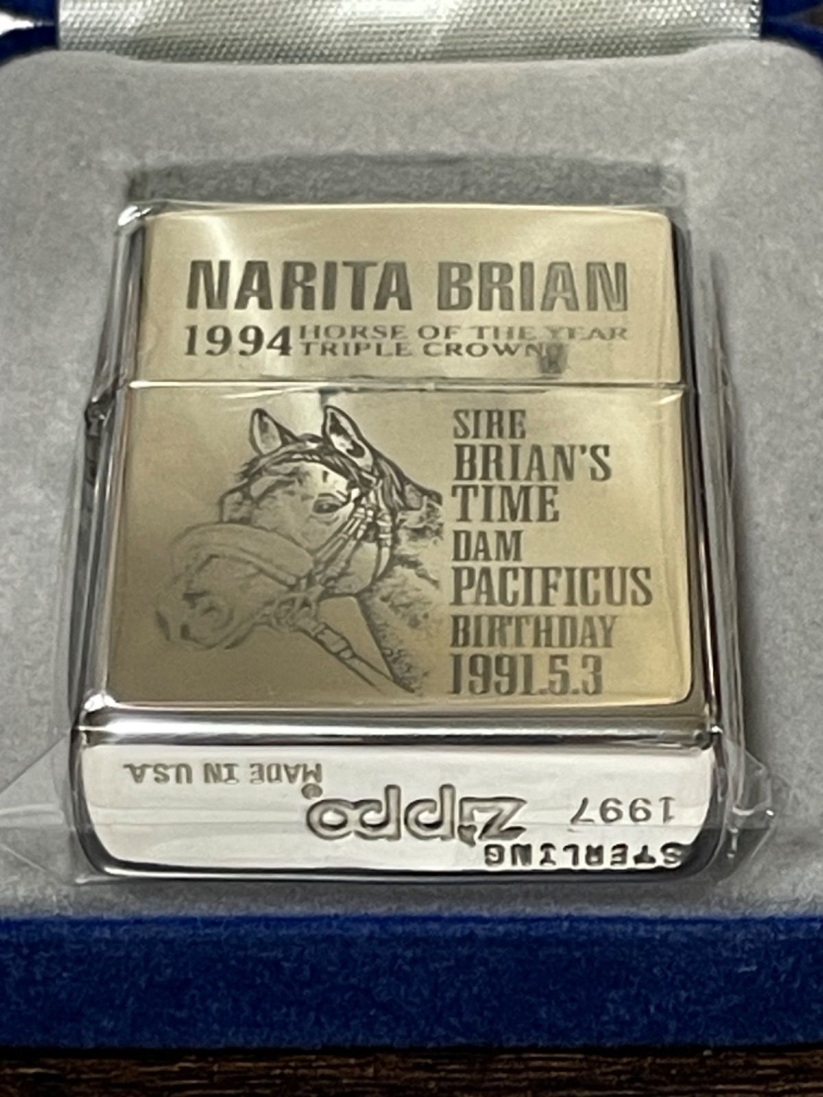 zippo NARITA BRIAN STERLING SILVER 数 500個 スターリングシルバー 1997年製 競馬 名馬 ナリタブライアン 5冠馬 純銀 年代物 デットストック シリアルナンバー NO.209|500 ベロアケース 保証書