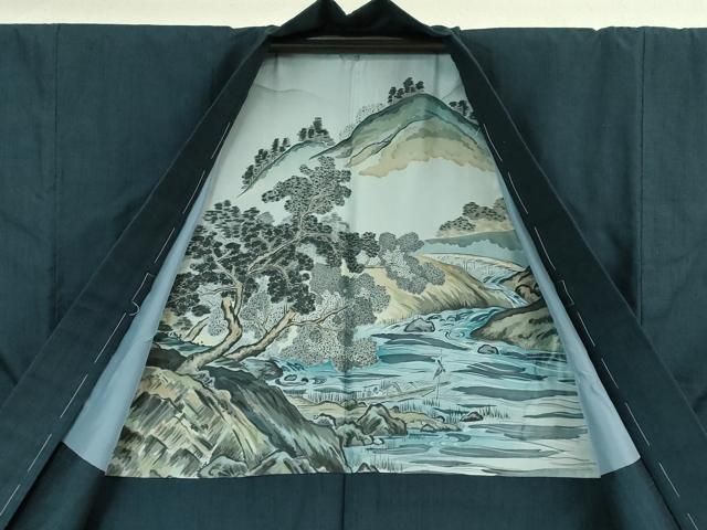 平和屋着物□極上 男性 お召 アンサンブル 長羽織 濃紺地 逸品 未使用  