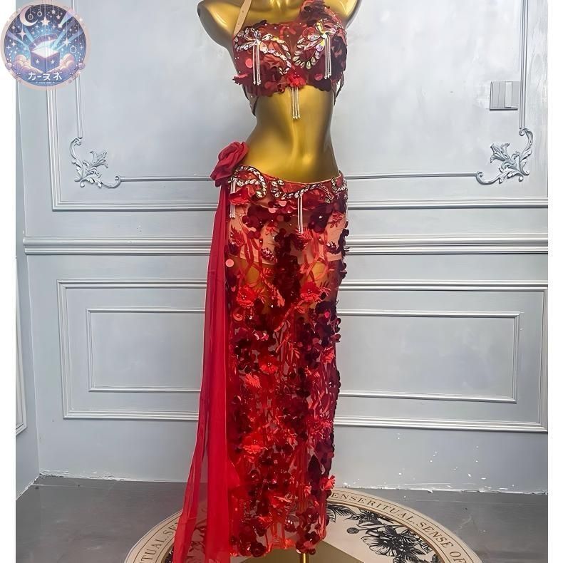 新品 未使用 ベリーダンス オリエンタル衣装 薔薇 レッド ブラ