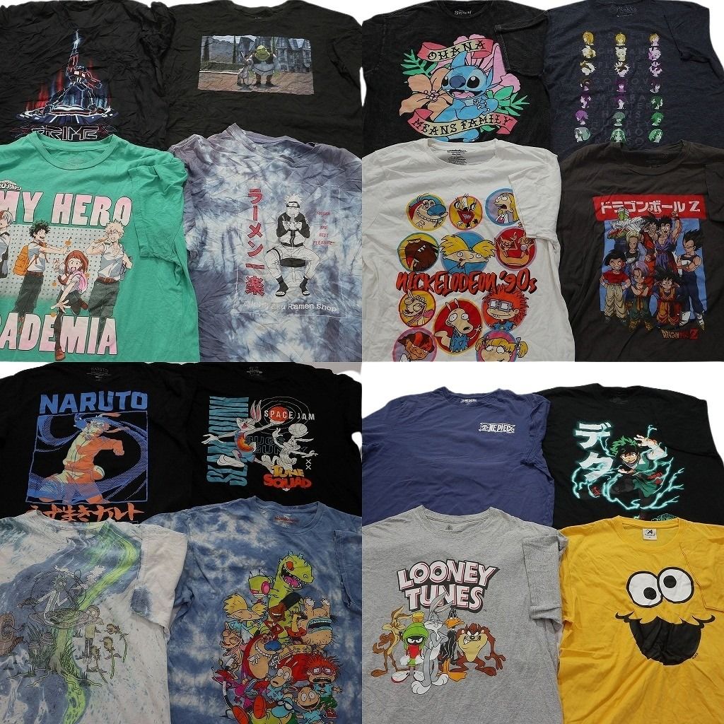 古着卸 キャラクター 半袖Tシャツ 16枚セット メンズ L XL ナルト ヒロアカ ワンピース ドラゴンボール 古着 NC3856