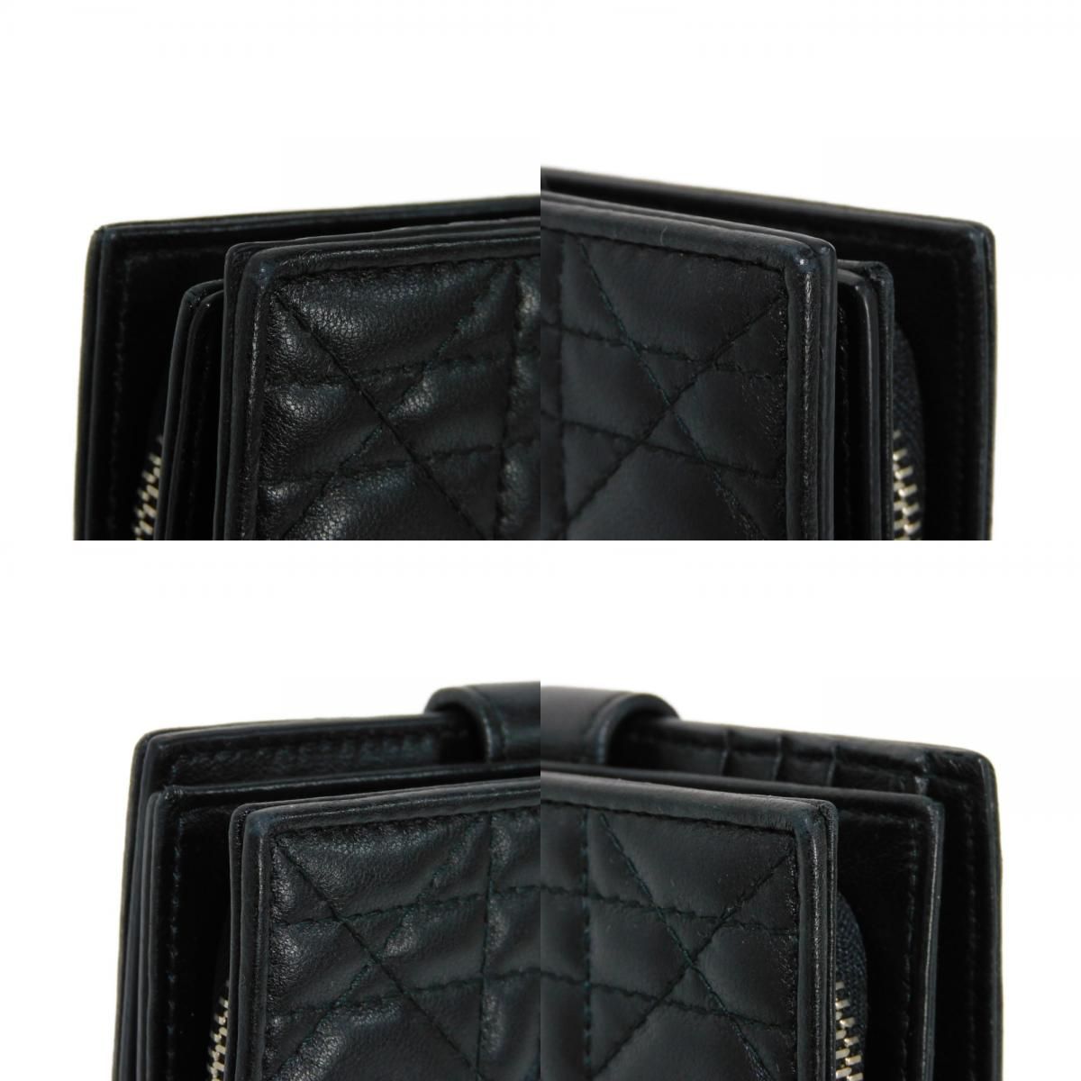 小キズ切り替えし部分Dior ディオール レディディオール コンパクト ウォレット スナップボタン ロゴ チャーム カナージュ ラムスキン ブラック  二つ折り財布 - 財布