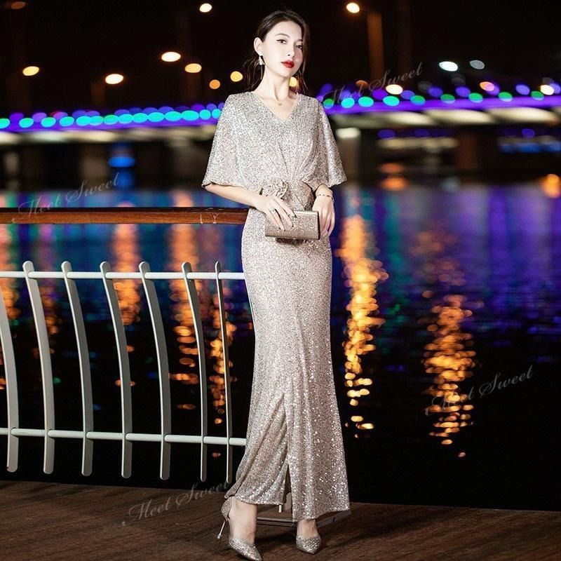 スパンコール シャンパンシルバー パーティードレス ケープスリーブ キラキラ マーメイドドレス ウェディングドレス ミセス 発表会