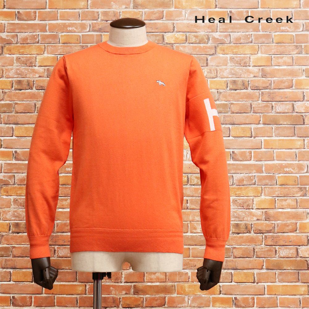 Heal Creek/50(L)サイズ/クルーネック ニット 001-16211 コットン 袖ロゴ アクセント おしゃれ 上質 ゴルフ メンズ 紳士 ヒールクリーク 新品/オレンジ/ki123/