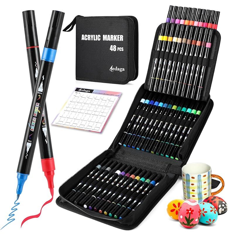 アクリルマーカーペン セット 48色 収納バッグ付き カラーペン 水性ペン 毒性無し 防水 速乾 耐光 太細両端 プラ板/ガラス/陶器/木材/布/石に書ける ハンドメイド DIY 子供用 学校 絵画教室 プレゼント
