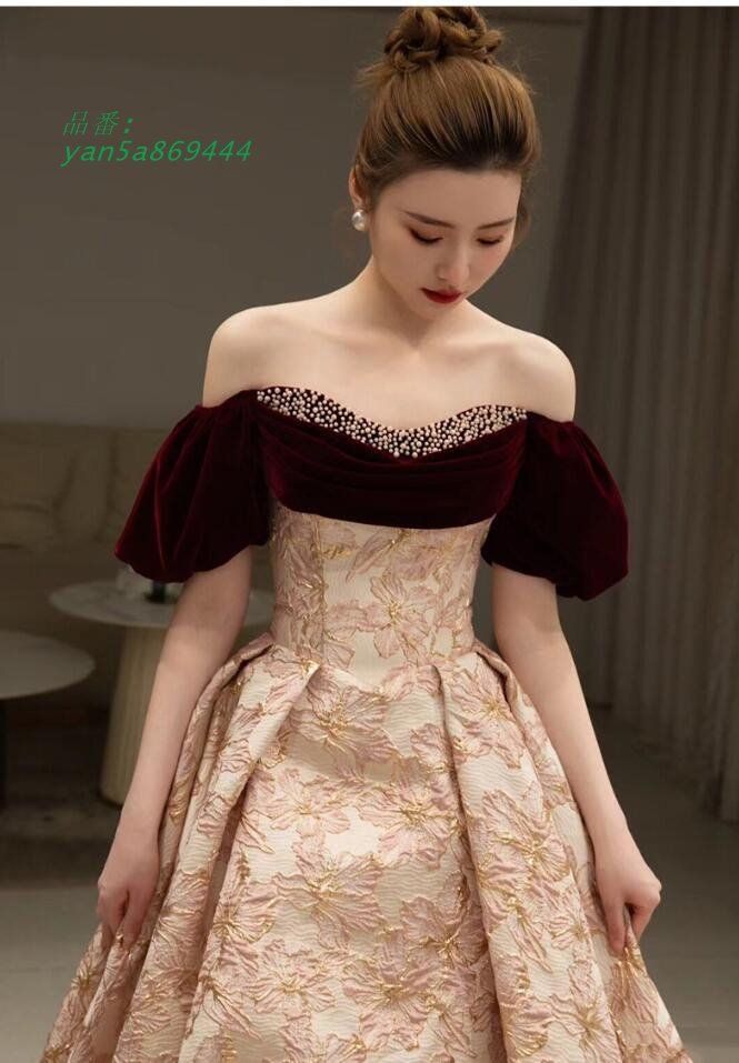 イブニングドレス オフショルダー ベロア お呼ばれドレス ロングドレス Aライン 発表会ドレス ドッキング 二次会ドレス ロング丈 結婚式ドレス yan5a869444