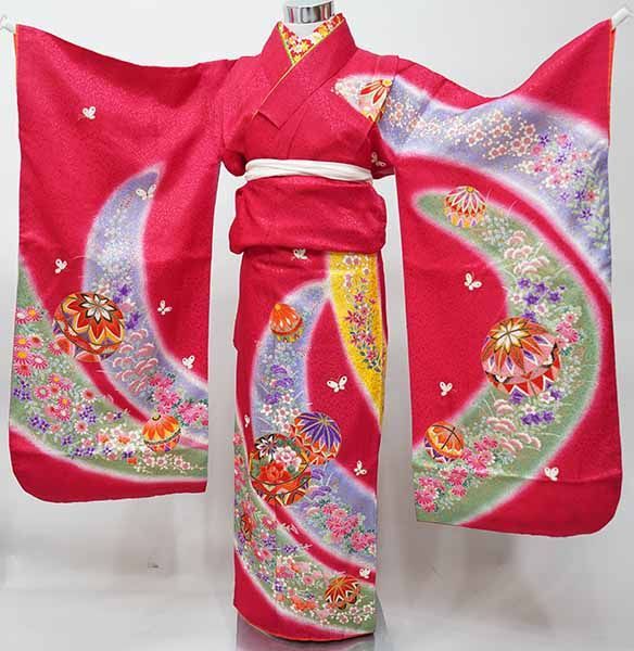 七歳 7歳 7才 七才 女児 着物と長襦袢セット 仕立て上がり 赤色 鞠