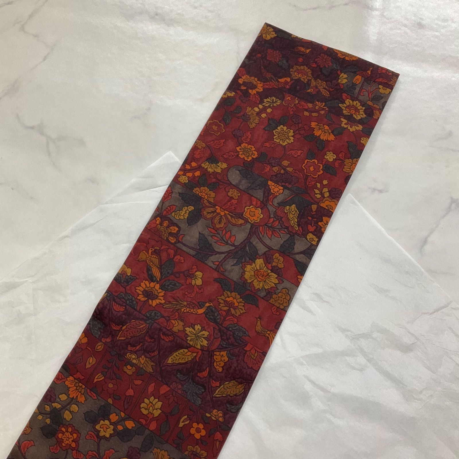 kimono+one○未使用同然○最高級○塩瀬の更紗模様の半幅帯○長尺○正絹 