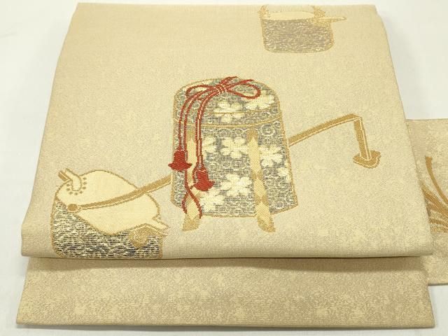 平和屋着物●西陣 東宮織物謹製 九寸名古屋帯 凪織 貝桶花唐草陶器文 金糸 鬼しぼ縮緬 正絹 DAAY0134ob