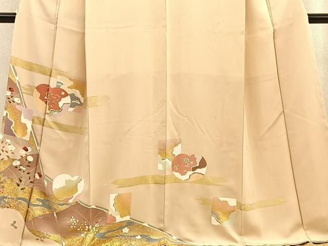 美品　単衣　訪問着　松に鳥文様　日本刺繍　金駒刺繍　縮緬　クリーム色×退紅色 美品 単衣 訪問着 松に鳥文様 日本刺繍 金駒刺繍 縮緬 クリーム