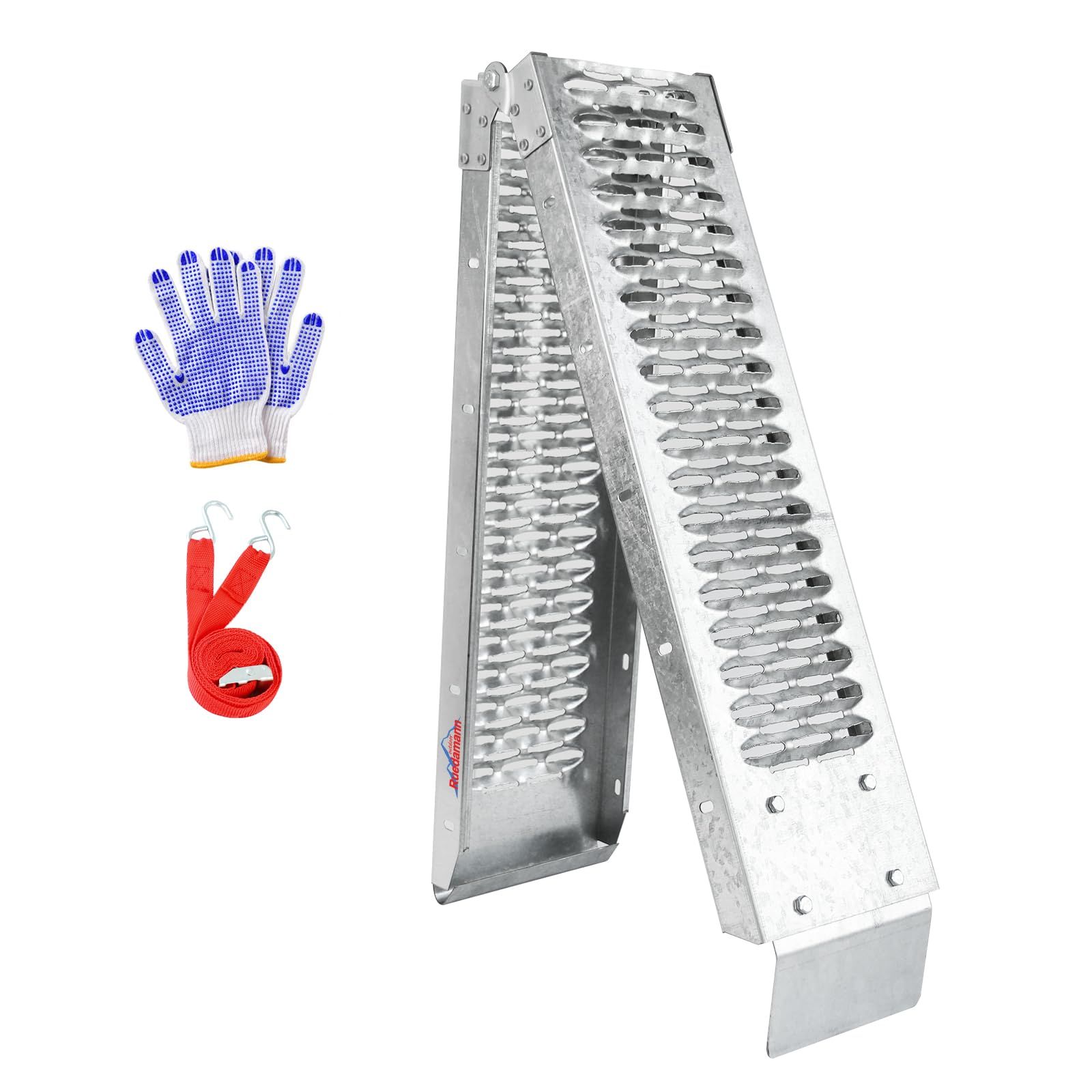 Ruedamann バイク スロープ 長さ170cm 耐荷重220kg 折り畳み式 ラダーレール スチール製 ラダーレール バイク 自転車 芝刈り機 ATV四輪バギー用 トレーラーへ積み込む 取っ手とタイダウンベルト付き 1本