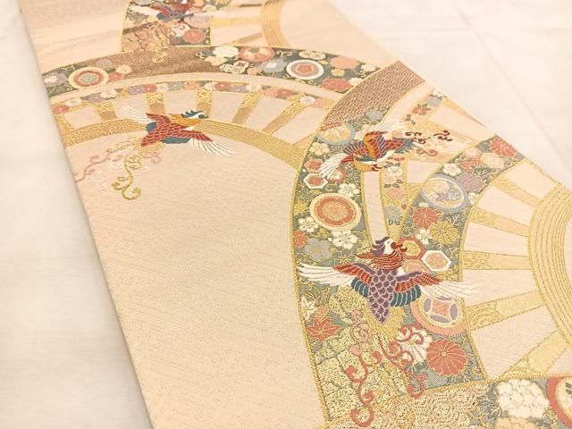 平和屋着物◎六通柄袋帯 唐織 鳳凰花蝶片輪車文 金糸 正絹 逸品