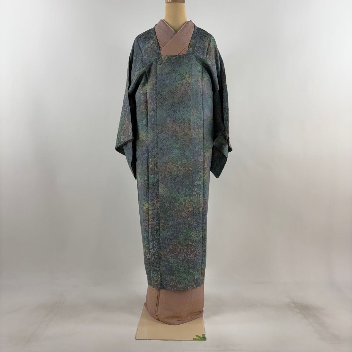 道行 身丈125.5cm 裄丈69cm L 和装コート 角衿 二条城 二の丸御殿図 桧扇 草花 ぼかし 青灰色 正絹 名品