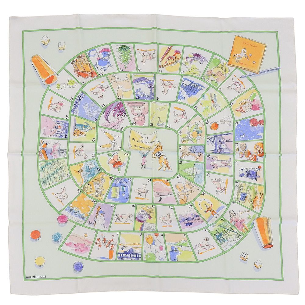 超 エルメス HERMES 2004年商品 Le jeu des petits bonheurs 小さな幸せのゲーム カレ90 シルク スカーフ ストール ほぼ♥