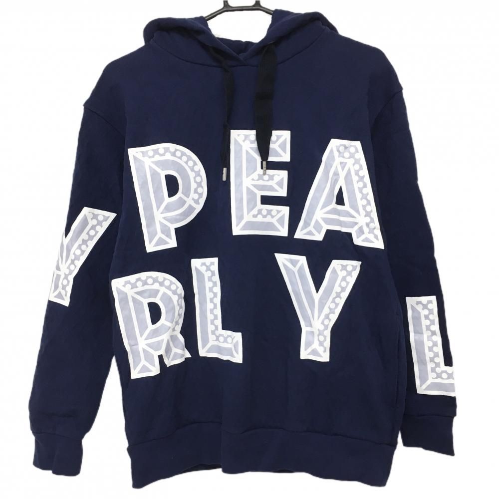【美品】パーリーゲイツ フード付トレーナー ネイビー×白 ビッグプリント 凹凸生地 パーカー レディース 1(M) ゴルフウェア PEARLY GATES