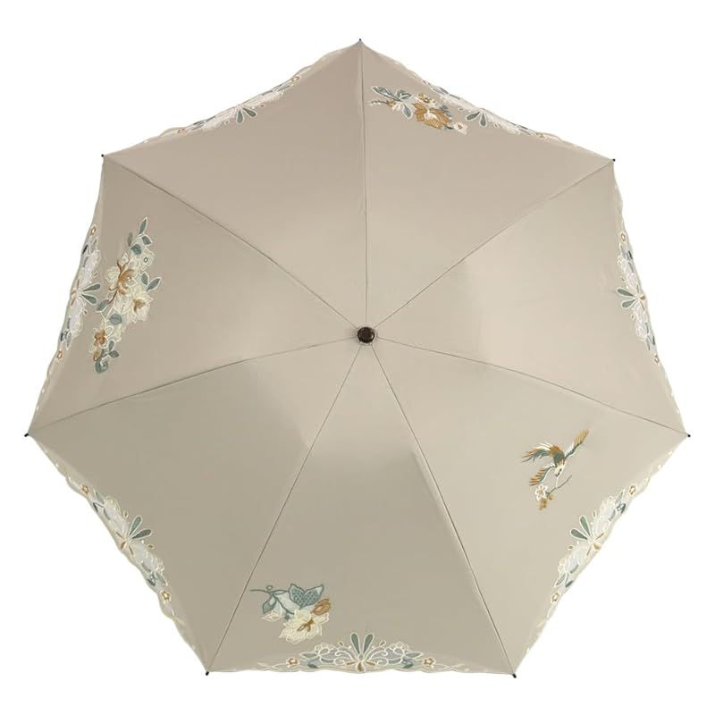 シノワズリーモダン 日傘 折りたたみ レディース１級遮光 UVカット 晴雨兼用 カットワーク刺繍 オーガンジー 3段折りたたみ 軽量 花鳥刺繍 モカ