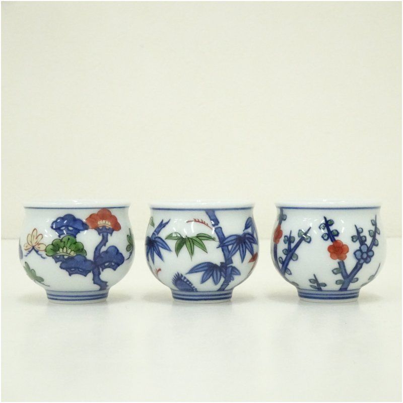 有田焼 館林源右衛門造 染錦松竹梅ぐい呑3客（共箱） ぐい呑み