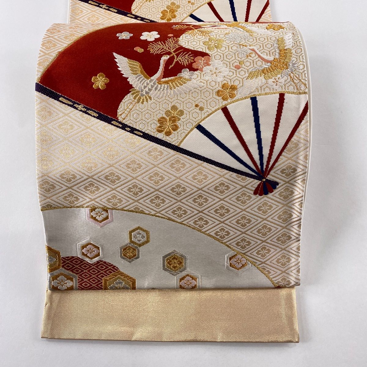 袋帯 美品 秀品 証紙 扇 鶴 金銀糸 箔 クリーム 六通 正絹 【中古】