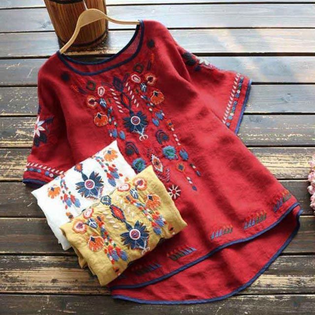 送料無料】刺繍 ブラウス チュニック Tシャツ トップス 花柄刺繍