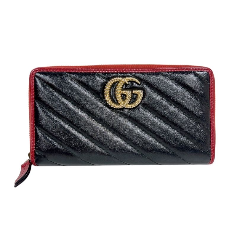 グッチ GUCCI GGマーモント ジップラウンドウォレット 573810 ブラック|レッド ゴールド金具 レザー レディース 長財布