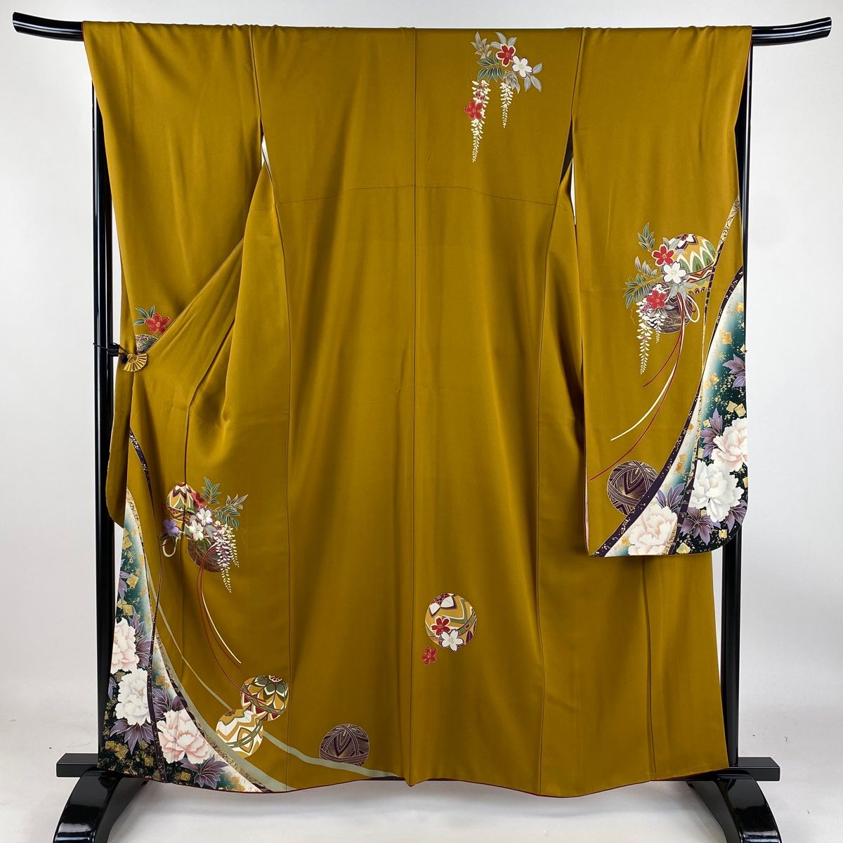 振袖 身丈161cm 裄丈67.5cm L 袷 鞠 草花 刺繍 金糸 山吹茶色