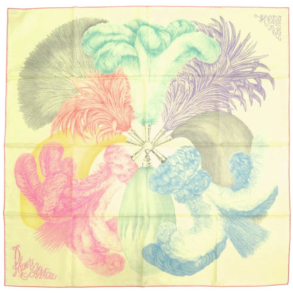 エルメス カレ90 Plumets et Panache 羽根と羽飾り シルク ライトイエロー スカーフ 1544 HERMES